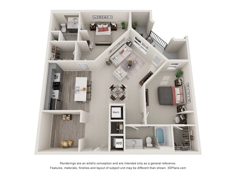 Floor plan for 2 beds, 2 baths, 1364 sqft